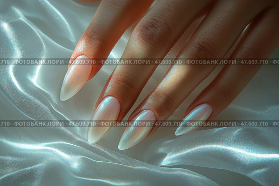 Elegant hand with long, iridescent nails resting on silky fabric. Изящная рука с длинными переливающимися ногтями лежит на шелковистой ткани. Стоковое AI-изображение, AI-художник Katsiaryna Repich / Фотобанк Лори