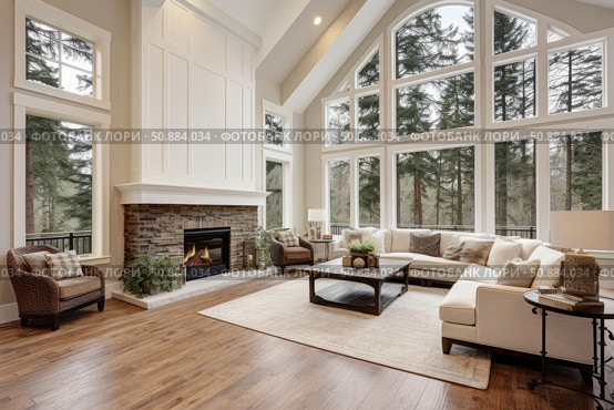Elegant living room interior with vaulted ceiling and large windows showcasing forest view. Стоковое AI-изображение, AI-художник Иван Рябоконь / Фотобанк Лори