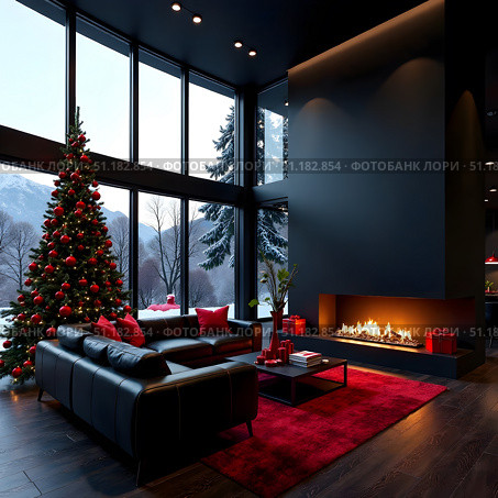 Elegant living room with black furniture, Christmas tree, fireplace, snowy window view, symbolizing cozy winter holiday celebration. Стоковое AI-изображение, AI-художник Александра Рублева / Фотобанк Лори