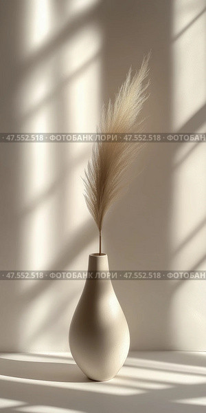 Elegant pampas grass arrangement in a simple ceramic vase for home decor. Элегантная композиция из пампасной травы в простой керамической вазе для домашнего декора. Стоковое AI-изображение, AI-художник Katsiaryna Repich / Фотобанк Лори