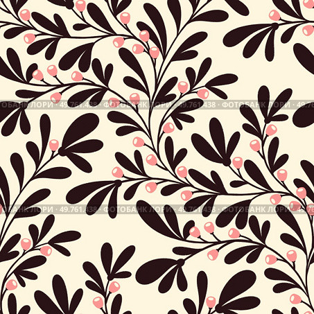 Elegant pattern featuring brown branches with pink berries against a cream background.. Trailing Brown Berry Branch. Стоковое фото, агентство Ingram Publishing / Фотобанк Лори
