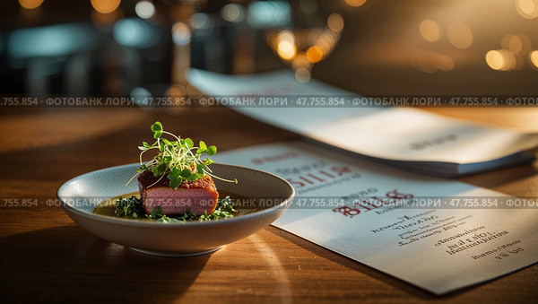 Elegant plated dish featuring seared meat surrounded by green garnish at upscale restaurant during evening dining experience. Стоковое AI-изображение, AI-художник Сергей Толмачёв / Фотобанк Лори