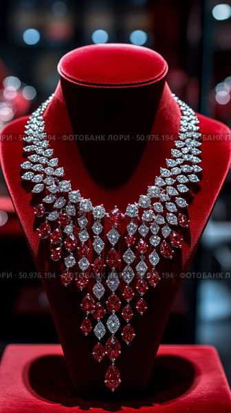 Elegant Ruby and Diamond Necklace on Red Velvet Display. Стоковое AI-изображение, AI-художник Данила Большаков / Фотобанк Лори