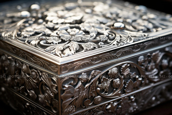 Elegant silver box exhibiting detailed floral ornaments. Стоковое AI-изображение, AI-художник Иван Рябоконь / Фотобанк Лори