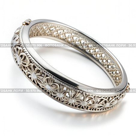 Elegant Silver Filigree Bangle Bracelet With Floral Design on White Background. Generative AI. Стоковое AI-изображение, AI-художник Roman Zavorotny / Фотобанк Лори