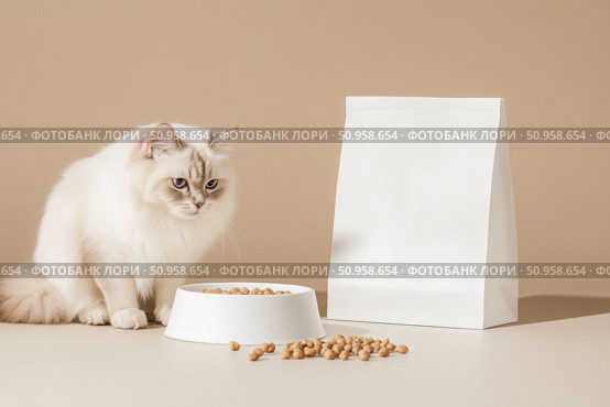 Elegant white fluffy cat sitting beside a blank food package and bowl on a beige background. Perfect for pet food branding, advertising, packaging design, or veterinary-related content. Copy space. Стоковое AI-изображение, AI-художник Евгений Демидюк / Фотобанк Лори