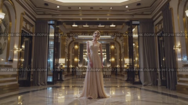 Elegant woman wearing a beautiful evening gown posing in a luxury hotel lobby with marble floor, golden decorations and sophisticated lighting. Стоковое AI-видео, аниматор Данил Руденко / Фотобанк Лори