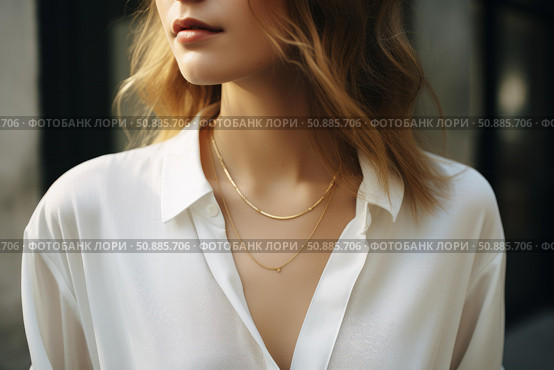 Elegant woman wearing gold necklaces and white shirt. Стоковое AI-изображение, AI-художник Иван Рябоконь / Фотобанк Лори