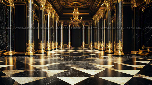 Elegantly designed palace black hall with marble floor and golden columns. Стоковое AI-изображение, AI-художник Михаил Коханчиков / Фотобанк Лори