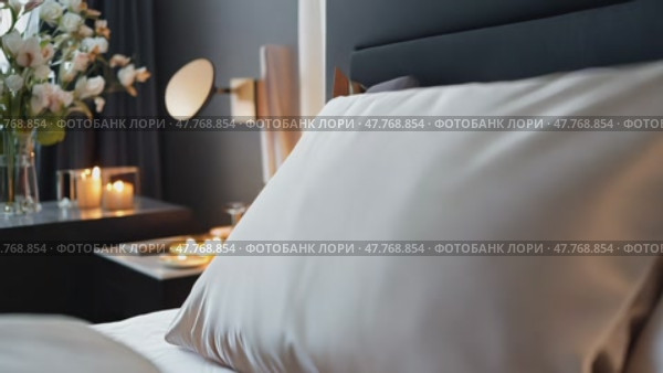 Элегантная обстановка спальни с уютными подушками и теплом свечей в современном интерьере отеля. Стоковое AI-видео, аниматор ФотоИнтеллект / Фотобанк Лори