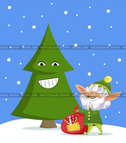 Elf cartoon character holding festive candy bag standing near fir-tree. Winter postcard with snow-falling weather and funny gnome on snowy land. Festive card with fairy smiling tree and hero vector. Fairy Characters Smiling Fir-tree and Elf Vector. Стоковая иллюстрация, агентство Ingram Publishing / Фотобанк Лори