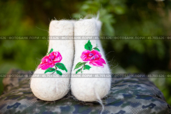 Embroidered valenki on a background of garden flowers (2020 год). Редакционное фото, фотограф Андриян Григорьевич Чаркин / Фотобанк Лори