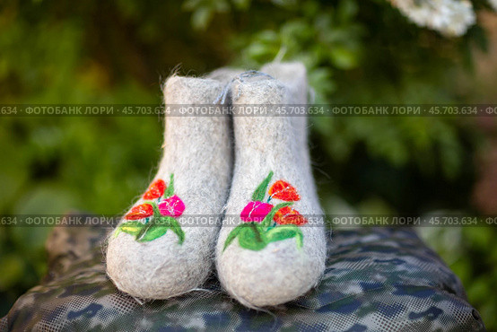 Embroidered valenki on a background of garden flowers (2020 год). Редакционное фото, фотограф Андриян Григорьевич Чаркин / Фотобанк Лори