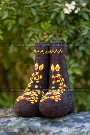 Embroidered valenki on a background of garden flowers (2020 год). Редакционное фото, фотограф Андриян Григорьевич Чаркин / Фотобанк Лори