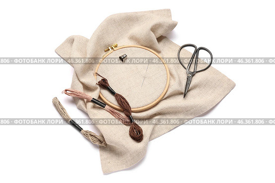Embroidery hoop with canvas, scissors and mouline threads isolated on white background. Стоковое фото, фотограф Pixel_shot / Фотобанк Лори