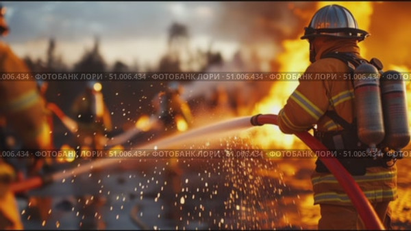 Emergency responders battle a raging wildfire in a forest at sunset using hoses to contain the flames and protect the area. Стоковое AI-видео, аниматор Сергей Толмачёв / Фотобанк Лори