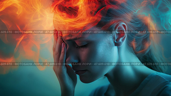 Emotional conflict expressed through contrasting colors and facial expressions. Человек борется с внутренним смятением, которое изображено сочетанием теплых и холодных цветов вокруг его головы. Контрастные элементы символизируют душевные страдания и эмоциональные столкновения. Стоковое AI-изображение, AI-художник Katsiaryna Repich / Фотобанк Лори