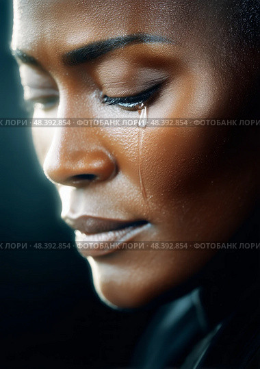 Emotional Portrait of a Woman With a Tear Showcasing Vulnerability and Strength in Soft Lighting. Стоковое AI-изображение, AI-художник Юлия Гапеенко / Фотобанк Лори