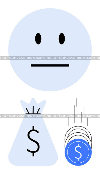 Emotionless face above a money bag and falling coins. Ideal for finance, banking, investment, economic downturn, budget cuts, financial stress, wealth management. Line metaphor. Emotionless face with money bag and falling coins representing financial worries or indifference. Стоковая иллюстрация, агентство Ingram Publishing / Фотобанк Лори