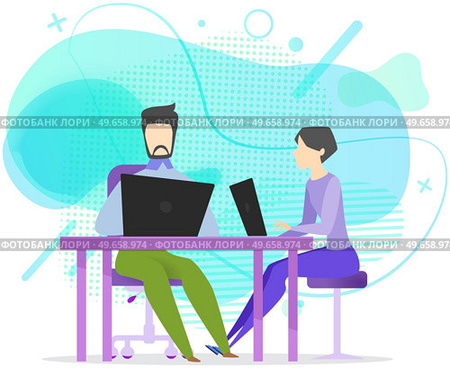 Employees entrepreneurs working at office desks. Business team sitting with laptop surfing internet. Group of managers uses computers, modern technologies for work. Clerks, office workers at workplace. Business team sitting with laptop surfing internet. Group of managers uses computers for work. Стоковая иллюстрация, агентство Ingram Publishing / Фотобанк Лори