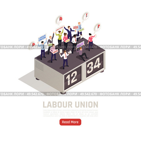 Employees with labor union members on strike protecting their wages working time rights isometric composition vector illustration. Стоковая иллюстрация, агентство Ingram Publishing / Фотобанк Лори