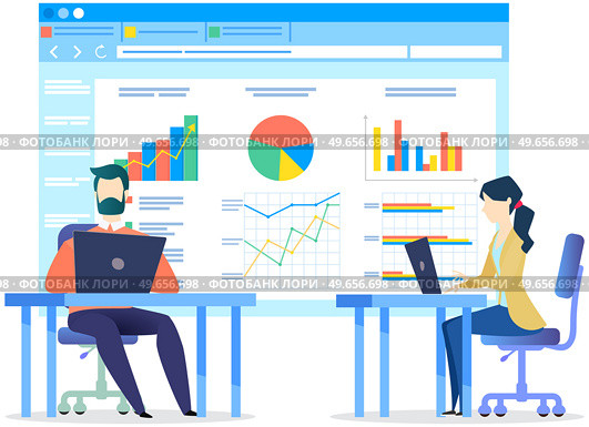 Employees working with statistics in office. Business team surfing internet, analysing data. Group of managers uses computers to prepare statistical report. Colleagues analyse business indicators. Business team surfing internet, analysing data. People use computers to prepare statistical report. Стоковая иллюстрация, агентство Ingram Publishing / Фотобанк Лори