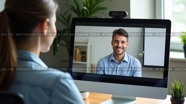 Employer Listening to Smiling Applicant During a Remote Job Interview From a Clean Home Office, Highlighting Virtual Hiring. Стоковое AI-изображение, AI-художник Sergey Grishin / Фотобанк Лори
