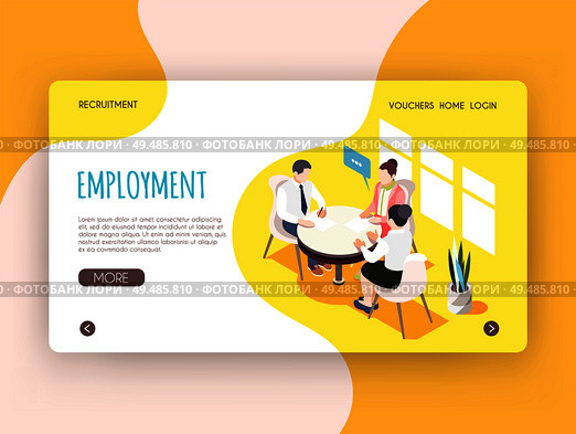 Employment isometric landing page with adult people sitting at round table and participating in job interview vector illustration. Стоковая иллюстрация, агентство Ingram Publishing / Фотобанк Лори