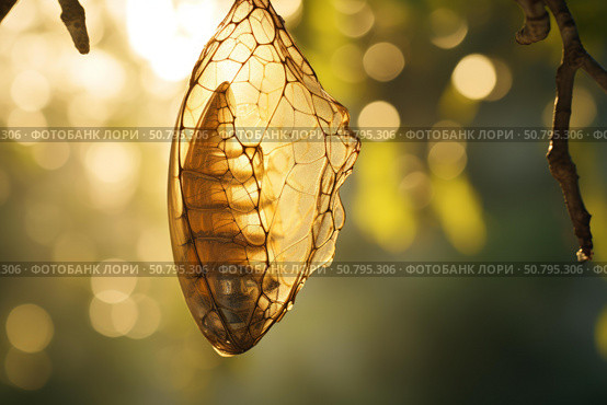 Empty cicada exoskeleton hanging from a tree branch at sunset. Стоковое AI-изображение, AI-художник Иван Рябоконь / Фотобанк Лори