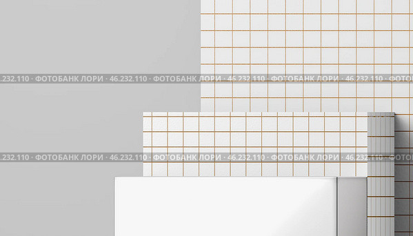 Empty podium for product placement presentation with white tiles and grid pattern, 3D rendering, minimalist design, modern background, clean and simple, geometric shape. Стоковое фото, фотограф Павел Муравьев / Фотобанк Лори