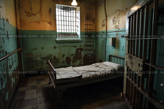 Empty prison cell bed in deteriorated room with barred window. Стоковое AI-изображение, AI-художник Иван Рябоконь / Фотобанк Лори