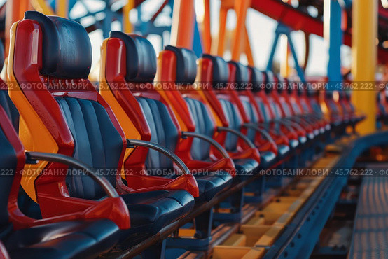 Empty rollercoaster seats waiting for passengers in amusement park. Стоковое AI-изображение, AI-художник Иван Рябоконь / Фотобанк Лори
