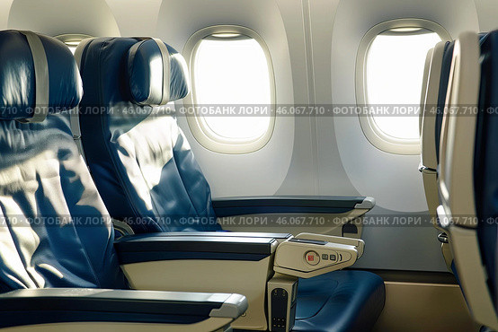 Empty seats and bright windows inside an airplane cabin during flight. Стоковое AI-изображение, AI-художник Иван Рябоконь / Фотобанк Лори