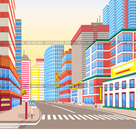 Empty street vector, corner view on cityscape. Metropolitan wide roads with signs and pedestrian crossings for people, exterior of houses and buildings on sity street. Cityscape Realistic Look of City, Town Street. Стоковая иллюстрация, агентство Ingram Publishing / Фотобанк Лори