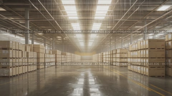 Empty warehouse interior with cardboard boxes and sprinkler system. Стоковое AI-видео, аниматор Юрий Поздников / Фотобанк Лори