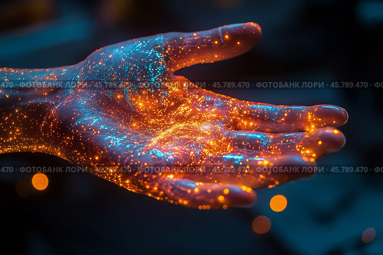 Enchanted hand releasing glowing particles in a mystical setting during nighttime. Стоковое AI-изображение, AI-художник Юлия Гапеенко / Фотобанк Лори