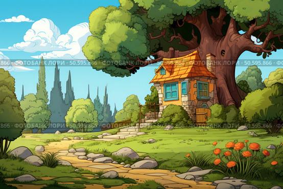 Enchanting cottage nestled under majestic tree. Стоковое AI-изображение, AI-художник Иван Рябоконь / Фотобанк Лори