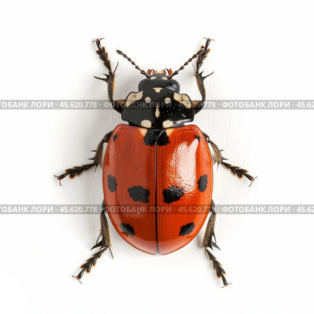 Endomychus coccineus, a beautiful red and black ladybug, resting on a white background. Стоковое AI-изображение, AI-художник Иван Рябоконь / Фотобанк Лори