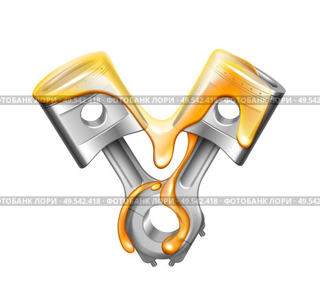 Engine pistons oil realistic composition with two crossed piston components covered with yellow engine oil liquid vector illustration. Стоковая иллюстрация, агентство Ingram Publishing / Фотобанк Лори