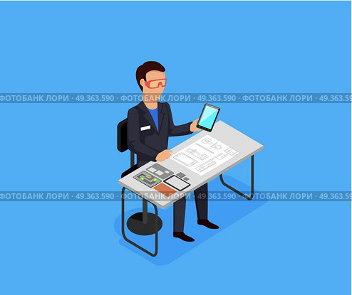 Engineer at Work Concept Vector Illustration.. Engineer at work concept vector in isometric projection. Man character in goggles seating at the table with drawings, electronic circuit, spare parts and prototype tablet. Electronics repair service. Стоковая иллюстрация, агентство Ingram Publishing / Фотобанк Лори