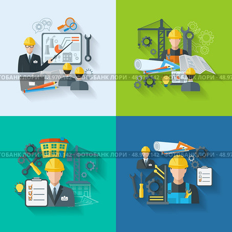 Engineer construction manufacturing workers with gears drafts and tools flat icons set isolated vector illustration. Стоковая иллюстрация, агентство Ingram Publishing / Фотобанк Лори