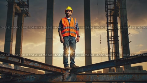Engineer on constructing site, man in helmet hold tool in hand. AI Generative. Стоковое AI-видео, аниматор Spirit River / Фотобанк Лори