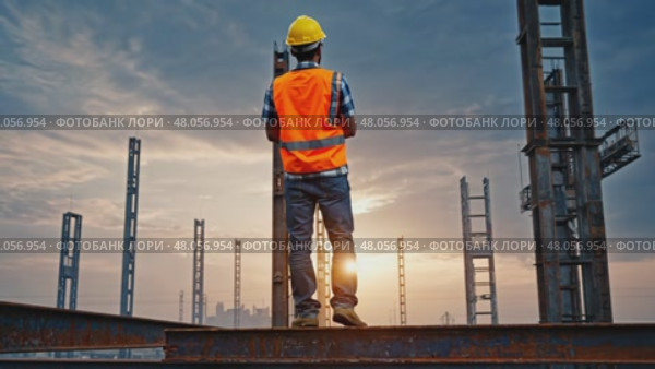 Engineer on constructing site, man in helmet hold tool in hand. AI Generative. Стоковое AI-видео, аниматор Spirit River / Фотобанк Лори