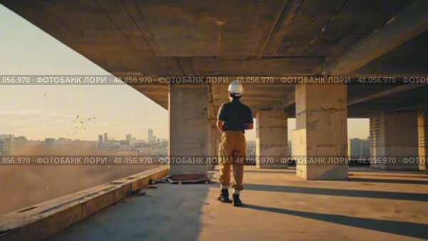 Engineer on constructing site, man in helmet hold tool in hand. AI Generative. Стоковое AI-видео, аниматор Spirit River / Фотобанк Лори
