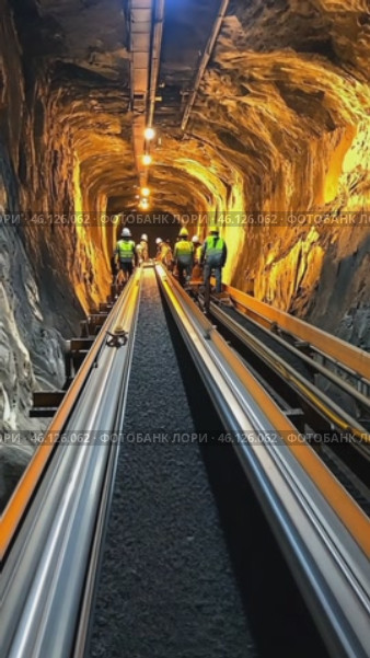 Engineers walking in tunnel on conveyor belt. Стоковое AI-видео, аниматор Юрий Поздников / Фотобанк Лори
