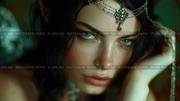 Enigmatic elf character in dark fantasy setting with striking blue eyes and intricate jewelry. Стоковое AI-изображение, AI-художник Ксения Лаптева / Фотобанк Лори