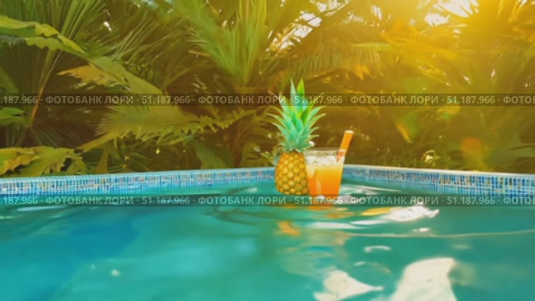 Enjoy a tropical cocktail in a glass beside a pineapple and lush greenery during a stunning sunset by the poolside. Стоковое AI-видео, аниматор Данила Большаков / Фотобанк Лори
