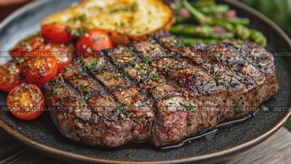 Enjoy perfectly grilled steak accompanied by fresh roasted tomatoes, asparagus, and toasted bread during a summer cookout. Стоковое AI-видео, аниматор Данила Большаков / Фотобанк Лори