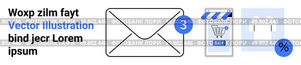 Envelope with notification badge, smartphone with shopping cart, t-shirt, and percentage sign. Ideal for email marketing, online shopping, e-commerce, mobile apps, retail promotions, newsletters. Email Notification with Shopping and Discount Symbols for Online Retail and Marketing. Стоковая иллюстрация, агентство Ingram Publishing / Фотобанк Лори