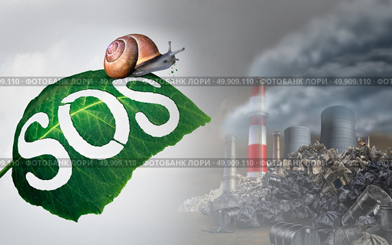 Environmental emergency concept as a leaf with SOS carved into a leaf by a snail as it looks upon a toxic polluted industrial wasteland as an ecology and nature threat symbol with 3D illustration elements. Стоковое фото, агентство Ingram Publishing / Фотобанк Лори